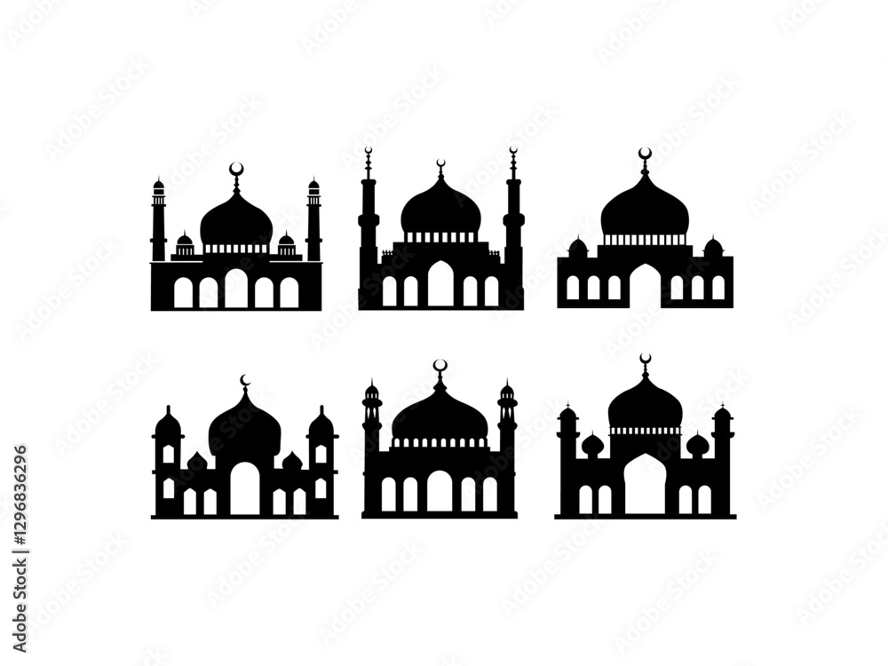 A set of vector silhouettes black and white mosques simple, black silhouettes of mosques. A set of vector silhouettes black and white mosques simple, black silhouettes of mosques.