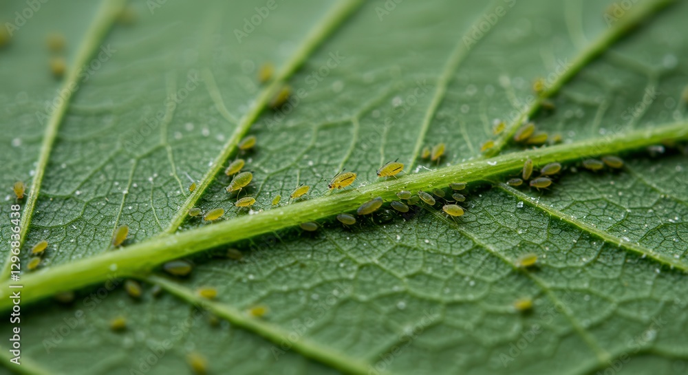 Obraz premium Aphids Infestation on Green Leaf Macro Showing Plant Pest Damage