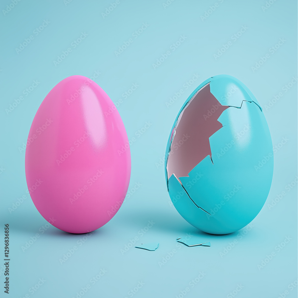 Pink and blue Easter egg open and cracked in half. Empty copy space for text or product.