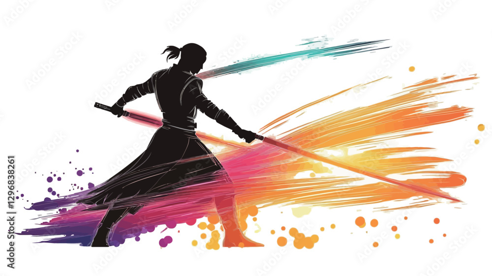 Fototapeta premium The image is a vector illustration featuring a black silhouette of a warrior figure wielding two swords. The warrior is depicted in a dynamic pose, suggesting movement and action. Behind the