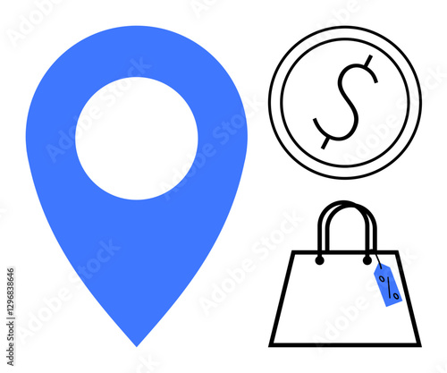 Blue map pin beside a coin with a dollar sign and shopping bag with a percentage tag. Ideal for e-commerce, retail, online shopping, discounts, store locations, finance, commerce. Abstract line flat