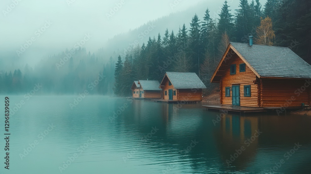 Fototapeta premium Tranquil Lake at Dusk with Charming Rustic Cabins