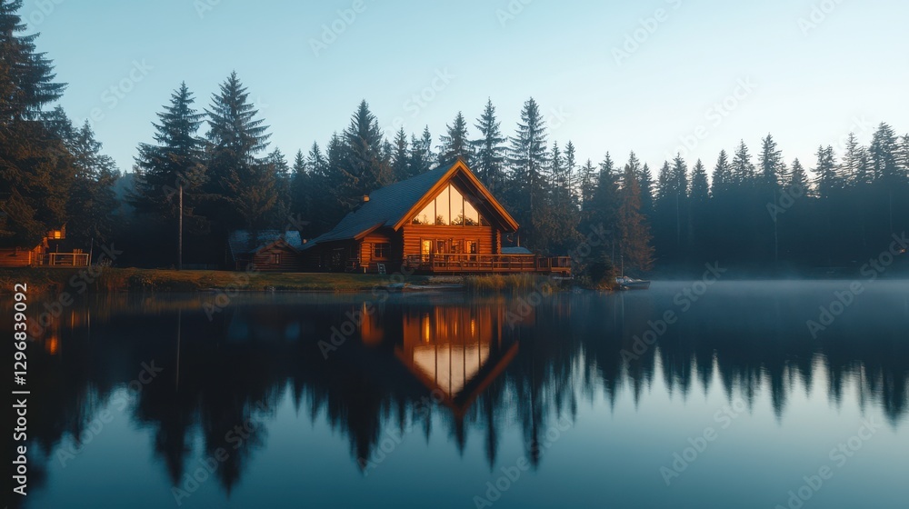 Obraz premium Tranquil Lake at Dusk with Charming Rustic Cabins