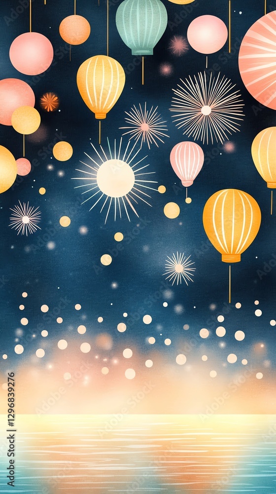 Obraz premium watercolor summer vibe cute Colorful lanterns illuminate the night sky, creating a festive atmosphere by shimmering water. Perfect for celebrations.