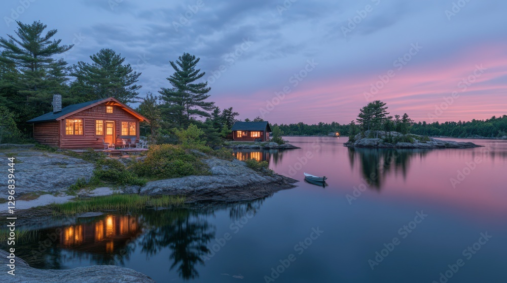 Tranquil Lake Dusk with Charming Rustic Cabins Tranquil Lake Dusk with Charming Rustic Cabins