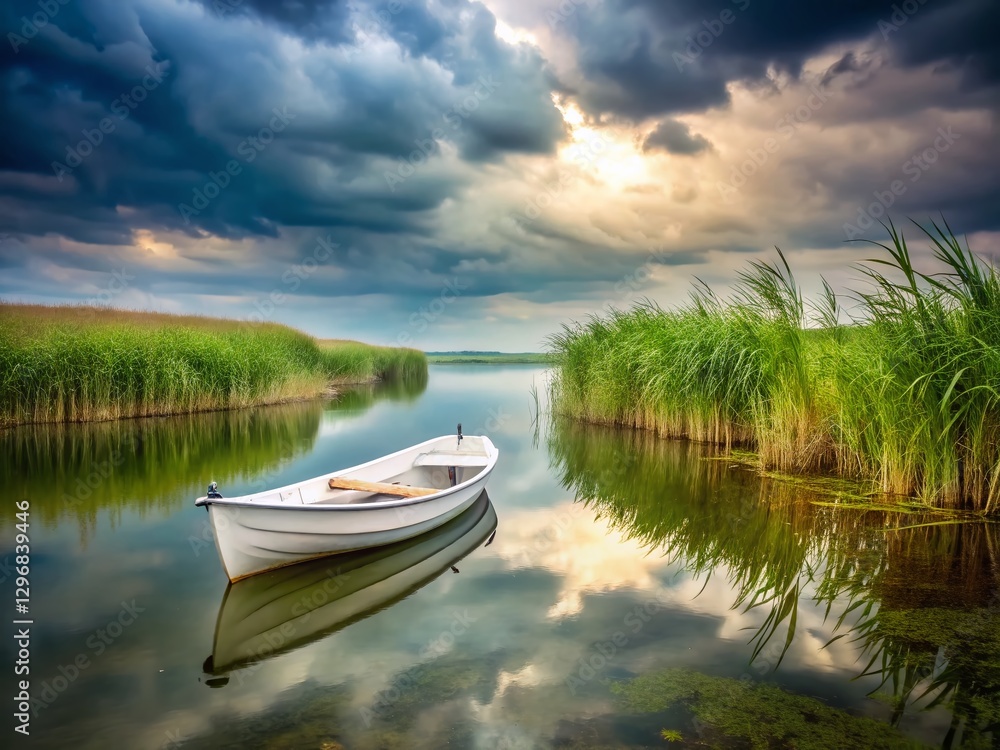 Solitary Rowboat on Cloudy Lake, Reeds and Still Water Solitary Rowboat on Cloudy Lake, Reeds and Still Water