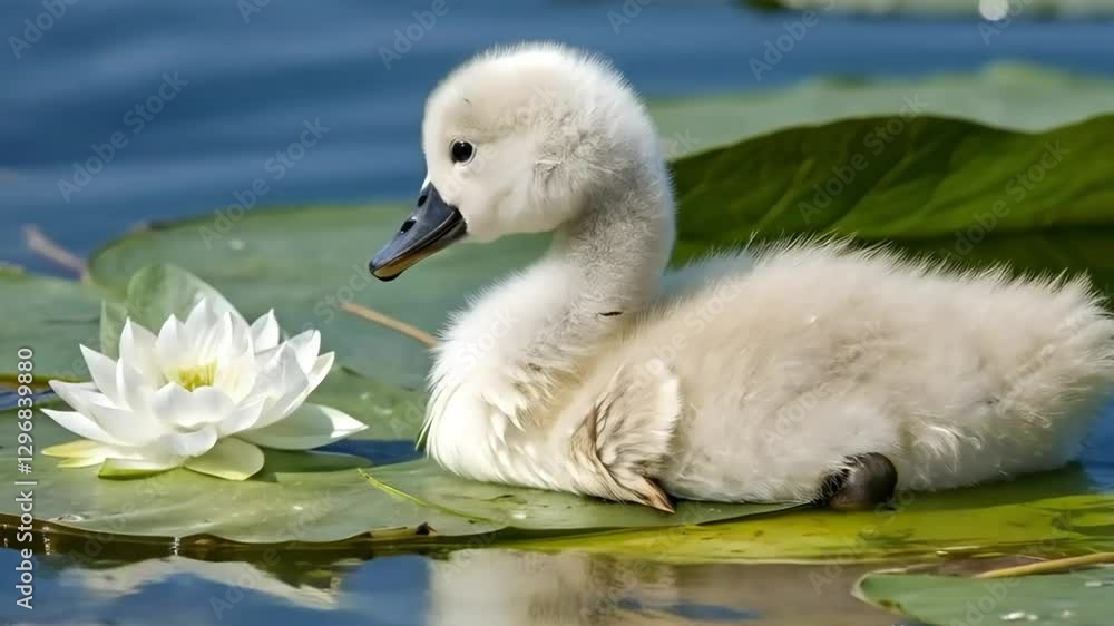 Cute cygnet swimming next to a white lotus flower on a lily pad in calm water
Cute cygnet swimming next to a white lotus flower on a lily pad in calm water