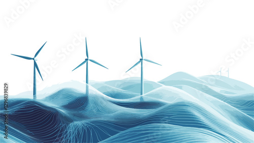The image shows three stylized wind turbines situated on an abstract, undulating landscape rendered in shades of blue.  The background is predominantly white. The turbines are depicted with a