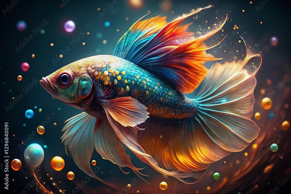 Sparkling Betta Fish: Glowing Scales & Golden Bubbles in Dark Aquascape Sparkling Betta Fish: Glowing Scales & Golden Bubbles in Dark Aquascape