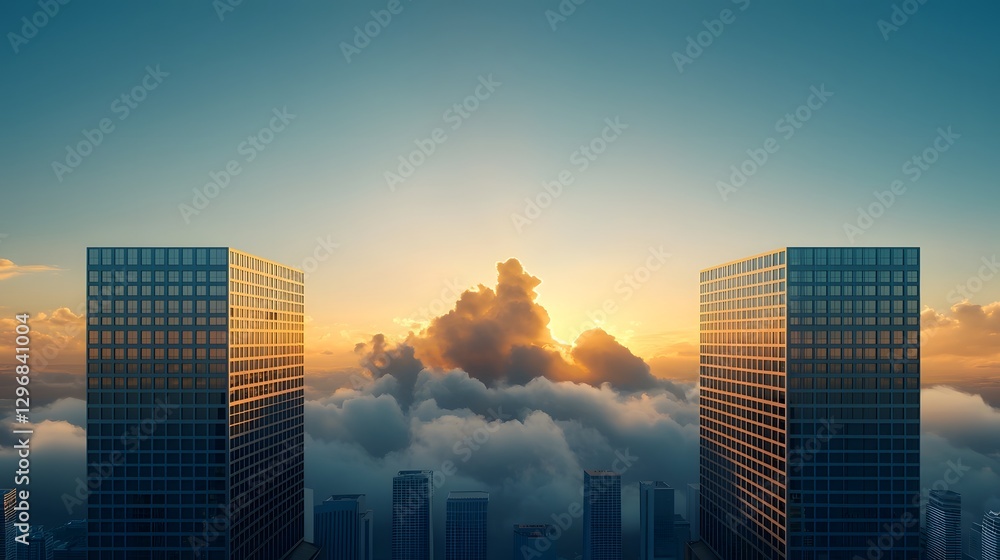 Fototapeta premium Sleek contemporary glass skyscrapers reflecting the vibrant colors of a bright picturesque cloudscape at sunset in a bustling modern urban cityscape The clean