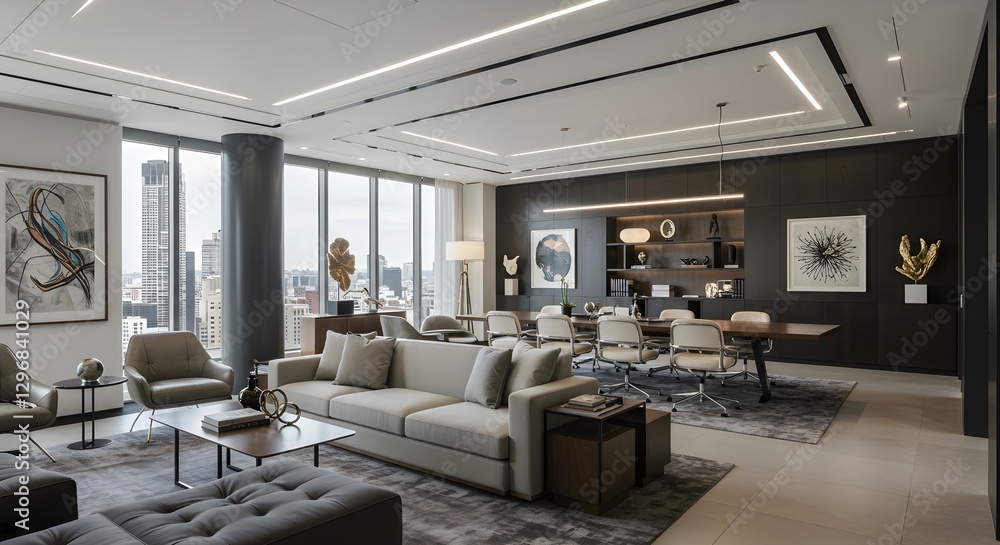 Fototapeta premium Elegant Executive Office with Modern Art and City Skyline View