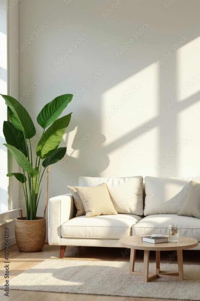 Naklejka premium Sunlight streams through a window illuminating a minimalist living room featuring a light-colored sofa, a woven plant pot, and a light wood coffee table.