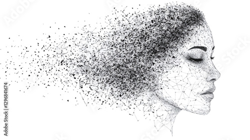 A grayscale illustration depicts a woman's profile in a state of disintegration.  The woman's face is relatively well-defined, with closed eyes suggesting peace or contemplation.  Her hair and
