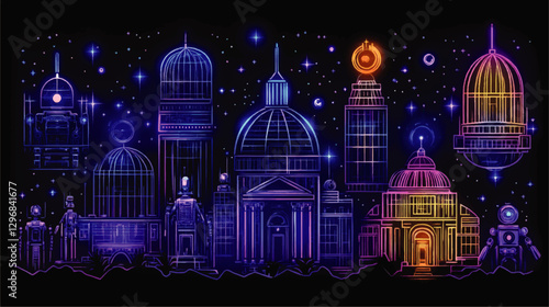 Futuristic Neon Cityscape with Robots and Domes Illuminated by Stars in Vector Art | Sci-Fi Urban Architecture and Cosmic Night Sky Illustration