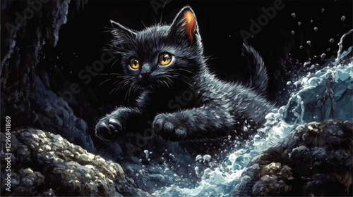 Adorable Black Kitten Exploring Rocky Cave with Splashing Water - High-Quality Vector Illustration of Curious Cat in Dynamic Adventure Scene