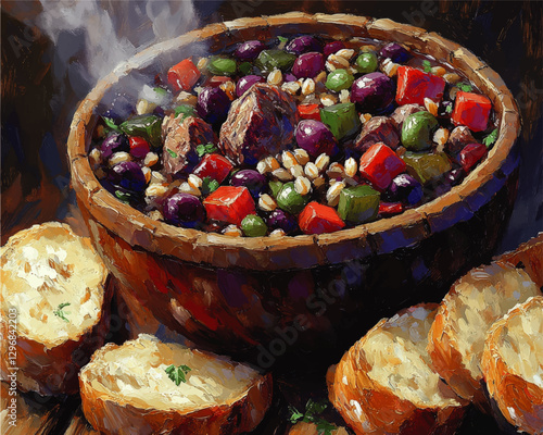 Rustic Tuscan Vegetable Soup Vector Art with Fresh Bread: Vibrant Mediterranean Ingredients in Wooden Bowl, Evoking Hearty Soup Tradition and Homely Warmth