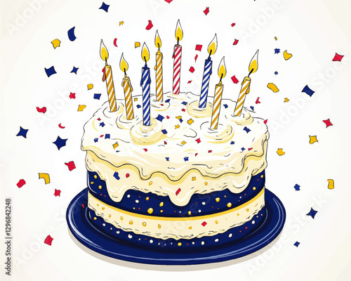 Colorful Birthday Cake Vector with Candles and Confetti - Perfect for Celebrations, Party Invitations, and Festive Decorations. Ideal for Birthdays or Anniversaries