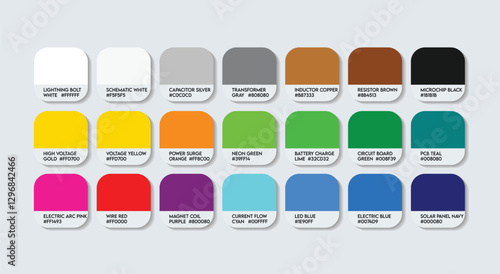 Electrical Engineer Color Guide Palette with Color Names. Catalog Sample Electrical Engineers with RGB HEX codes and Names. Electrical Engineer Color Palette, Fashion Trend Electrical Color Palette
