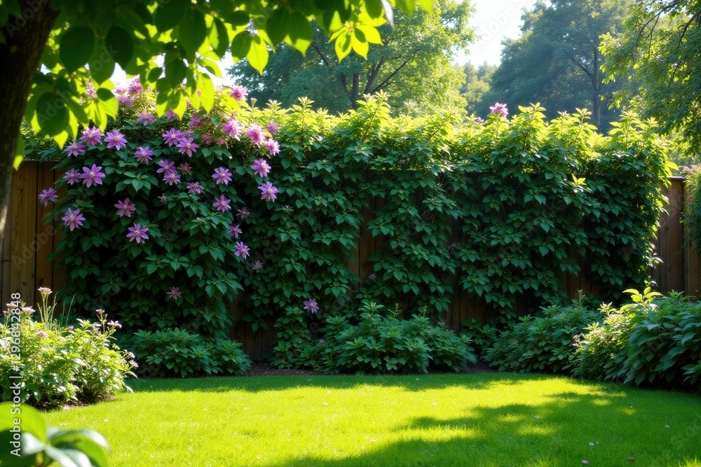 Obraz premium Lush Green Garden Fence Adorned with Blooming Purple Vines and Vibrant Green Foliage, Creating a Serene and Peaceful Backyard Oasis