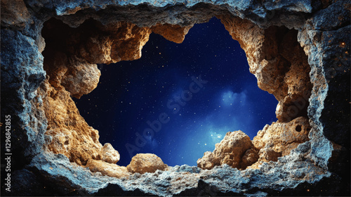 Stunning Earth Cave Sky View with Starry Night and Rocky Cliff Scene in Vector Art Illustration – Cosmic Exploration through Natural Openings