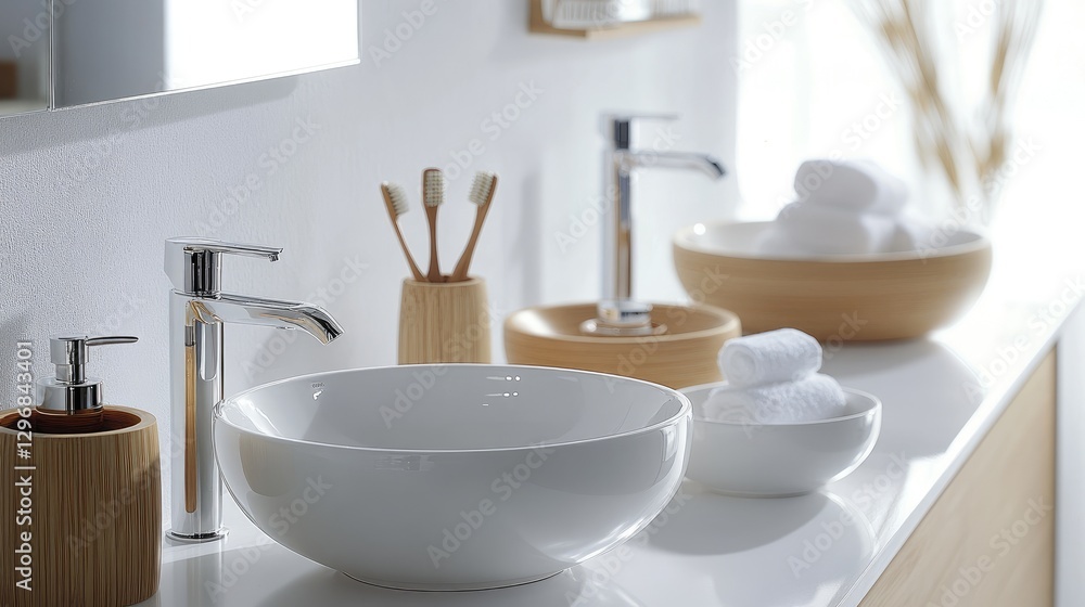 Bamboo and ceramic bath accessory set on a clean white sink, creating a fresh and modern look. Bamboo and ceramic bath accessory set on a clean white sink, creating a fresh and modern look.