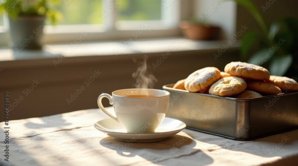 A steaming cup of tea and a rustic tin of freshly baked cookies, bathed in sunlight by a windowsill A steaming cup of tea and a rustic tin of freshly baked cookies, bathed in sunlight by a windowsill