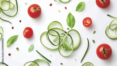 High-angle, close-up view of a flat lay composition featuring spiraled zucchini noodles, whole cherry tomatoes, and fresh basil leaves scattered on a white background.  Small peppercorns are