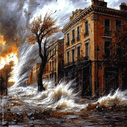 Dramatic Vector Art Depicting Urban Flood: Surging Waves and Storm in Cityscape with Historic Buildings, Trees, and Powerful Natural Forces – High-Resolution Design