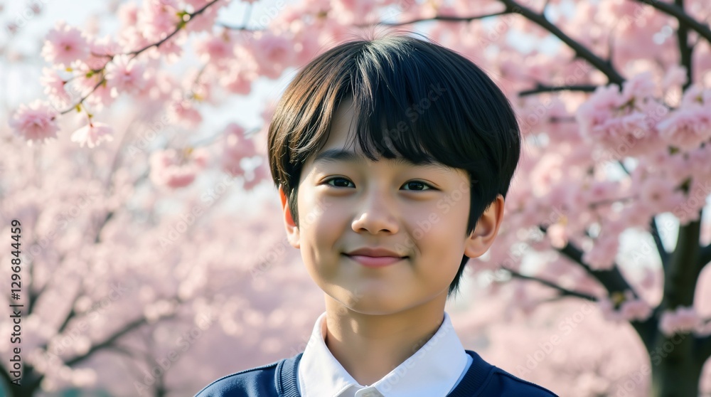 Smiling boy amidst a breathtaking backdrop of cherry blossoms, a picturesque spring scene filled with delicate pink petals and gentle sunlight. Smiling boy amidst a breathtaking backdrop of cherry blossoms, a picturesque spring scene filled with delicate pink petals and gentle sunlight.