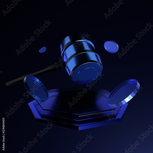 Hammer of Justice: a modern and artistic illustration. a close-up shot showcasing a gavel, suggesting themes of justice, law, and auctions. The gavel is elevated above a platform, with coins. 