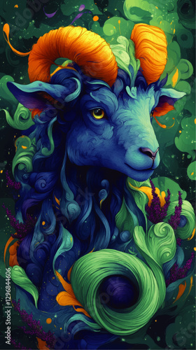 Vibrant Artistic Blue Ram with Orange Horns and Curly Patterns in Abstract Cosmic Landscape Vector Illustration for Creative Design Inspiration