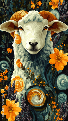 Colorful Artistic Ram with Vibrant Flowers: Stunning Vector Illustration of a Ram with Spirals, Decorative Flora, and Intricate Details in a Lush Botanical Setting