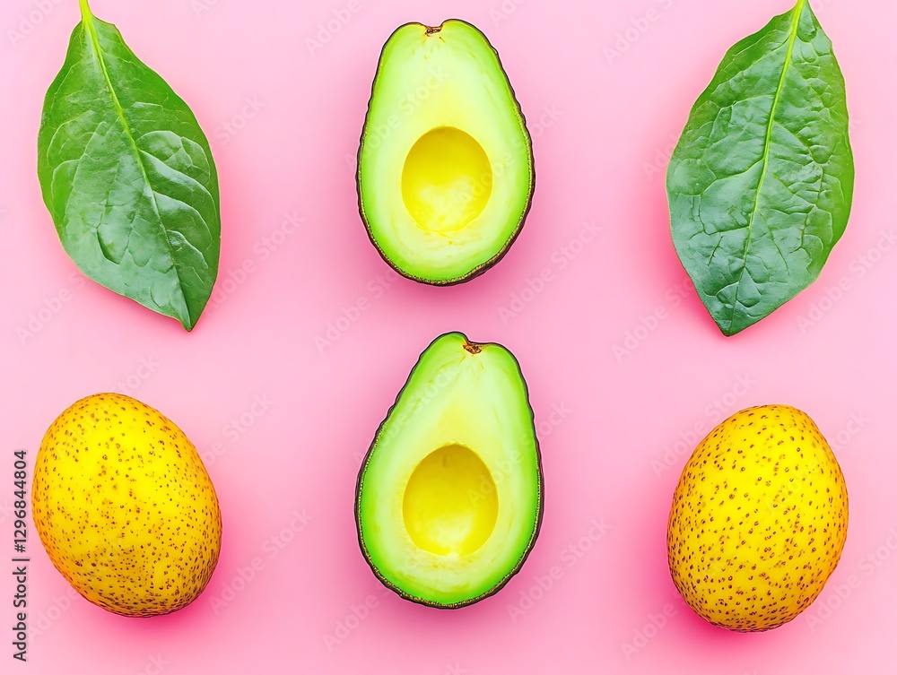 Freshly Cut Avocados and Fruit Arranged with Green Leaves Freshly Cut Avocados and Fruit Arranged with Green Leaves