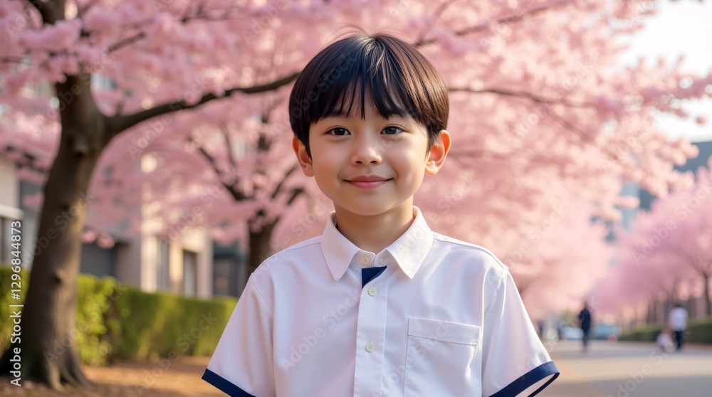 Smiling boy in a crisp white shirt, basking in the soft glow of a breathtaking cherry blossom spectacle. A serene spring moment captured. Smiling boy in a crisp white shirt, basking in the soft glow of a breathtaking cherry blossom spectacle. A serene spring moment captured.