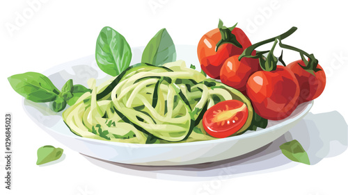 A digitally painted or illustrated close-up shot of a white plate containing a serving of zucchini noodles, arranged in a slightly overlapping manner.  Several cherry tomatoes on the vine are