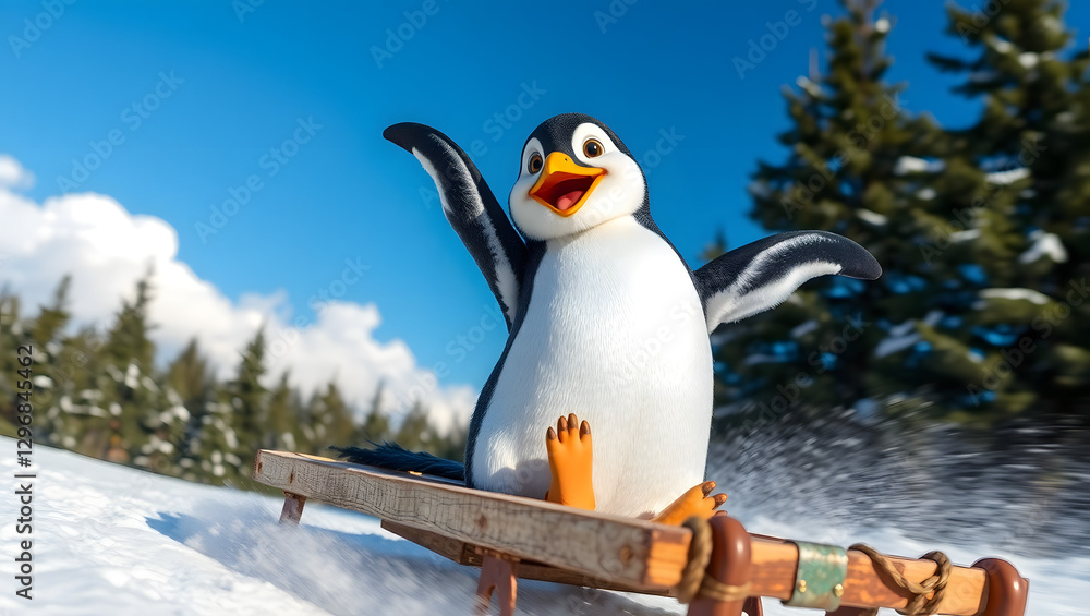 Obraz premium a joyful penguin riding a sleigh on the snow