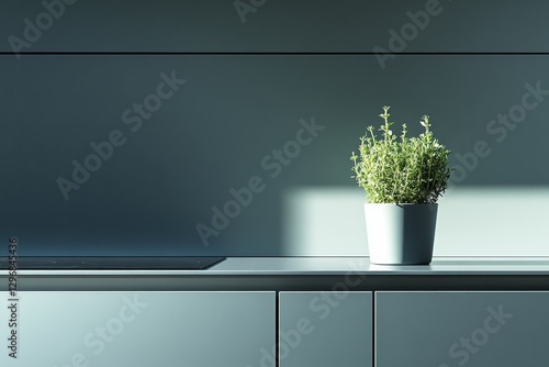 Modern Kitchen with Minimalist Design and Fresh Green Plant