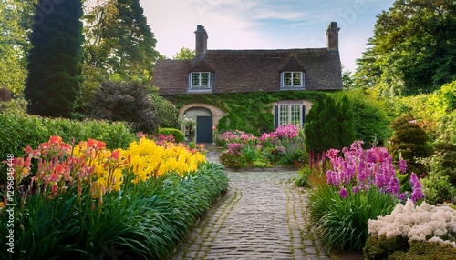 english country house with flowers