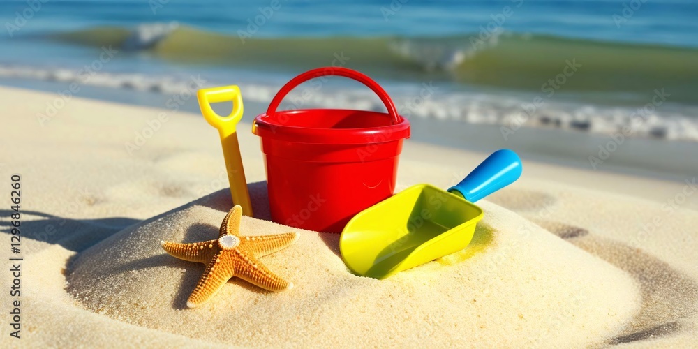 Sunny beach day! Red bucket, yellow shovel, starfish, and ocean waves create a perfect summer scene. Build sandcastles and enjoy the vibrant colors! Sunny beach day! Red bucket, yellow shovel, starfish, and ocean waves create a perfect summer scene. Build sandcastles and enjoy the vibrant colors!