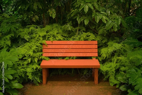 Bright orange bench nestled within lush green foliage creates se