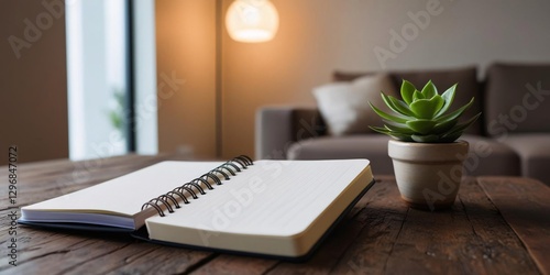 Quiet contemplation: a blank notebook awaits inspiration, accompanied by a small succulent plant on a rustic wooden table. Cozy home ambiance. photo