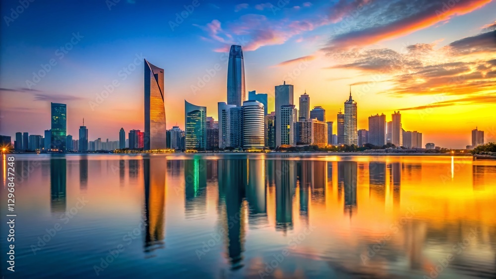 Obraz premium Stunning Abu Dhabi Skyline at Dawn, Cityscape with Copy Space for Text