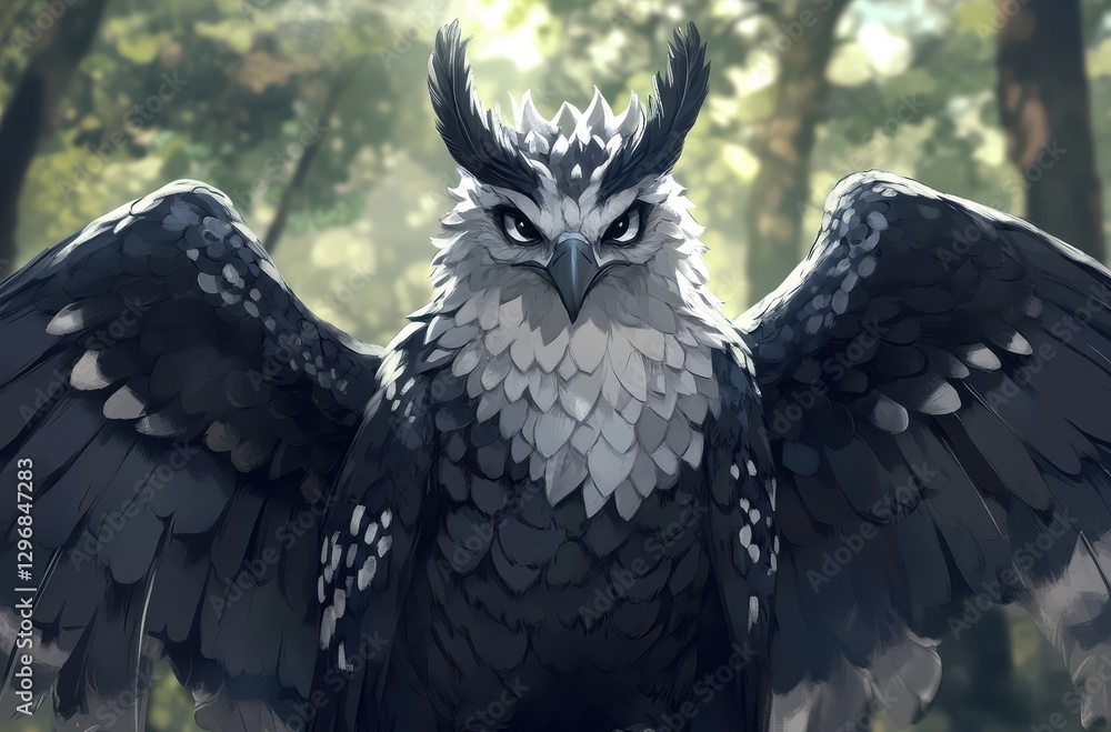 Fototapeta premium Majestic cartoon owl perched in a vibrant forest, showcasing intricate feather details and striking eyes, blending realism with fantasy elements