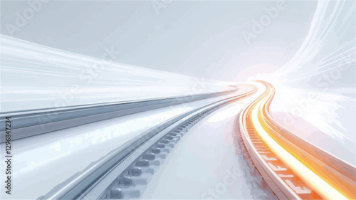 The image depicts an abstract representation of a transportation tunnel. Two parallel tracks curve gently into the distance, with one track showing a bright orange light trail indicating motion.