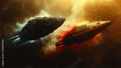 Epic Space Battle of Futuristic Starship and Meteor in Cosmic Galaxy Sky - Sci-Fi Vector Art with Glowing Stars and Deep Space Nebula Motion