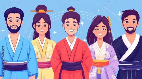 Diverse people in traditional Asian clothing