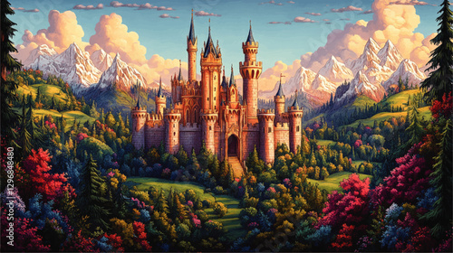 Enchanting Medieval Castle in Lush Mountain Landscape - Fantasy Vector Art with Vibrant Forest, Snow-Capped Peaks, and Serene Atmosphere