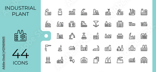 Factory icons set in linear style. Containing energy, equipment, warehouse, business, plan, mass, assembly and more. Icons for design. Editable stroke. Vector illustration.