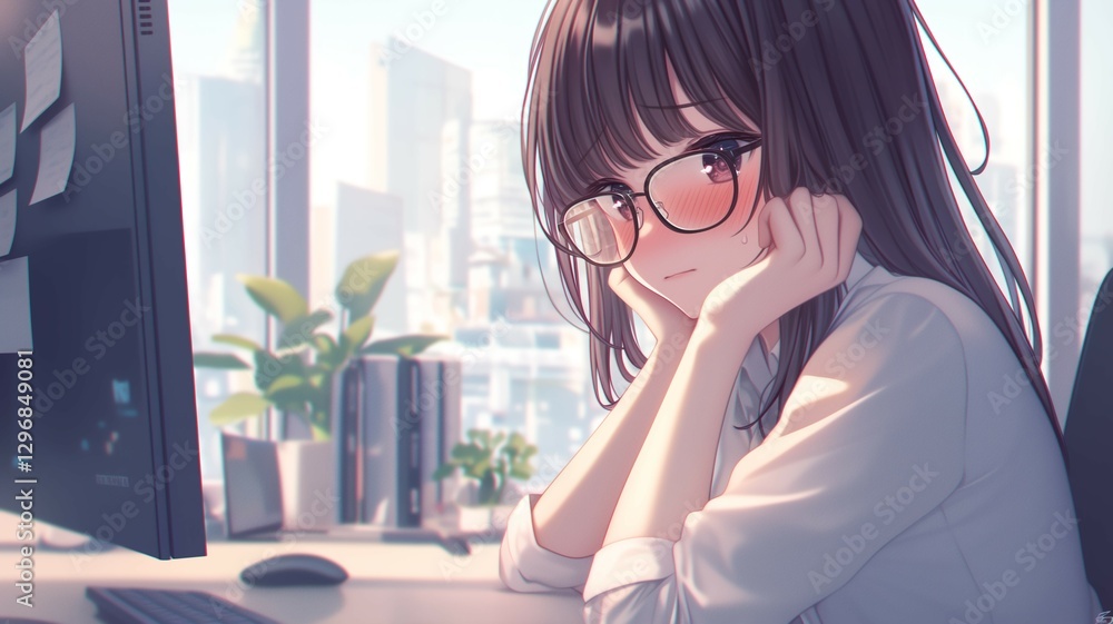 オフィスで仕事をするアニメ調の日本人美少女 オフィスで仕事をするアニメ調の日本人美少女