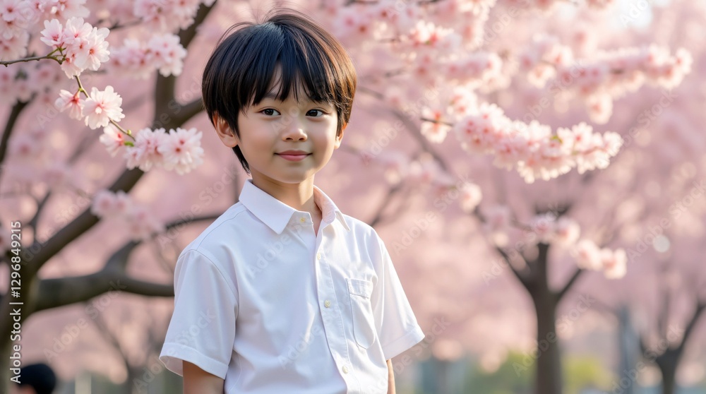 A young boy, serene and smiling, stands amidst a breathtaking backdrop of cherry blossoms in full bloom, a picturesque spring scene. A young boy, serene and smiling, stands amidst a breathtaking backdrop of cherry blossoms in full bloom, a picturesque spring scene.